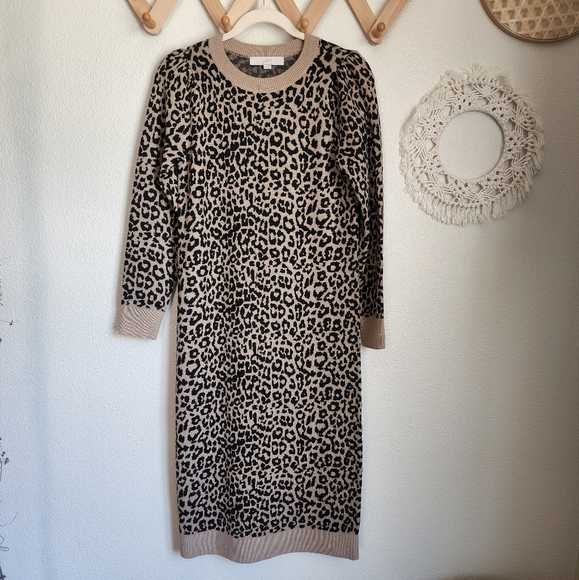 Loft Cheetah Print Long-Sleeve Stretch Knit Sweater Mini Dress Women's S… - Picture 1 of 8